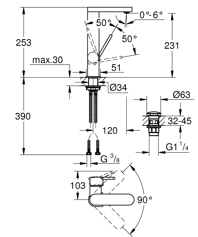 Grohe Plus L Click 23873003 Габаритные размеры