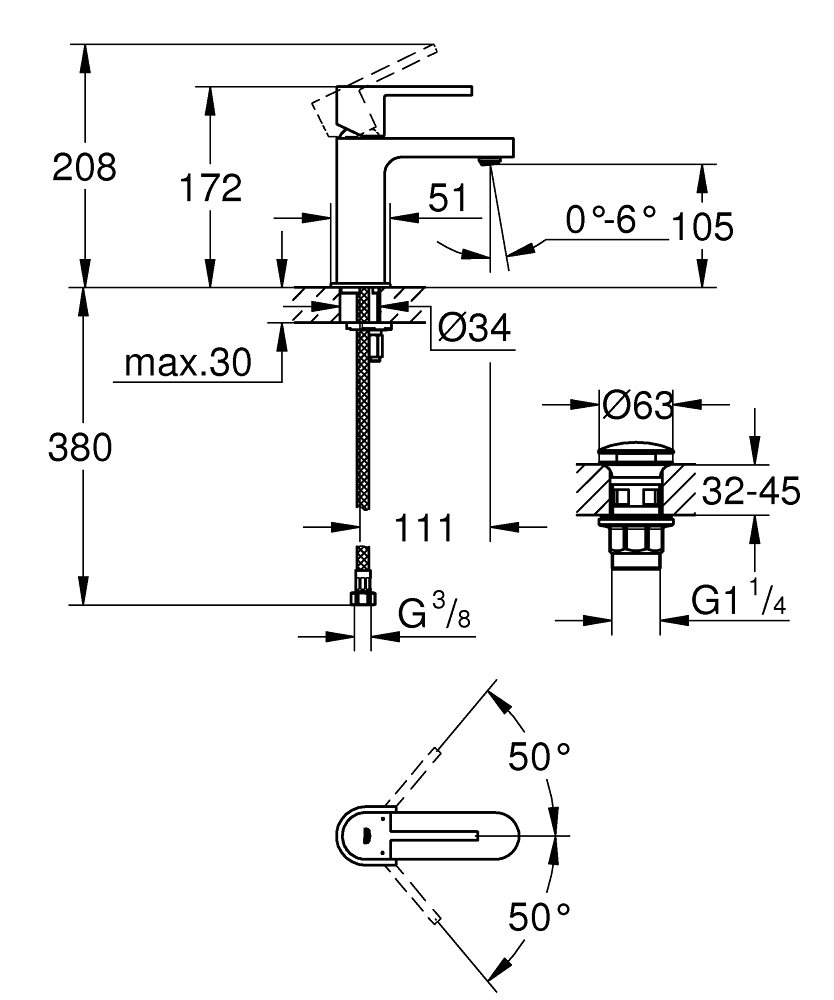 Grohe Plus S Click 33163003 Габаритные размеры