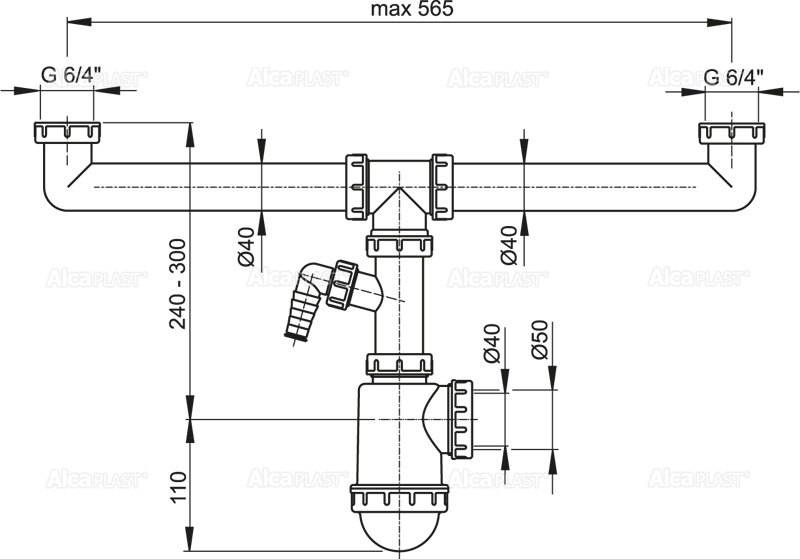 Alcaplast A448P-DN50/40 Габаритні розміри