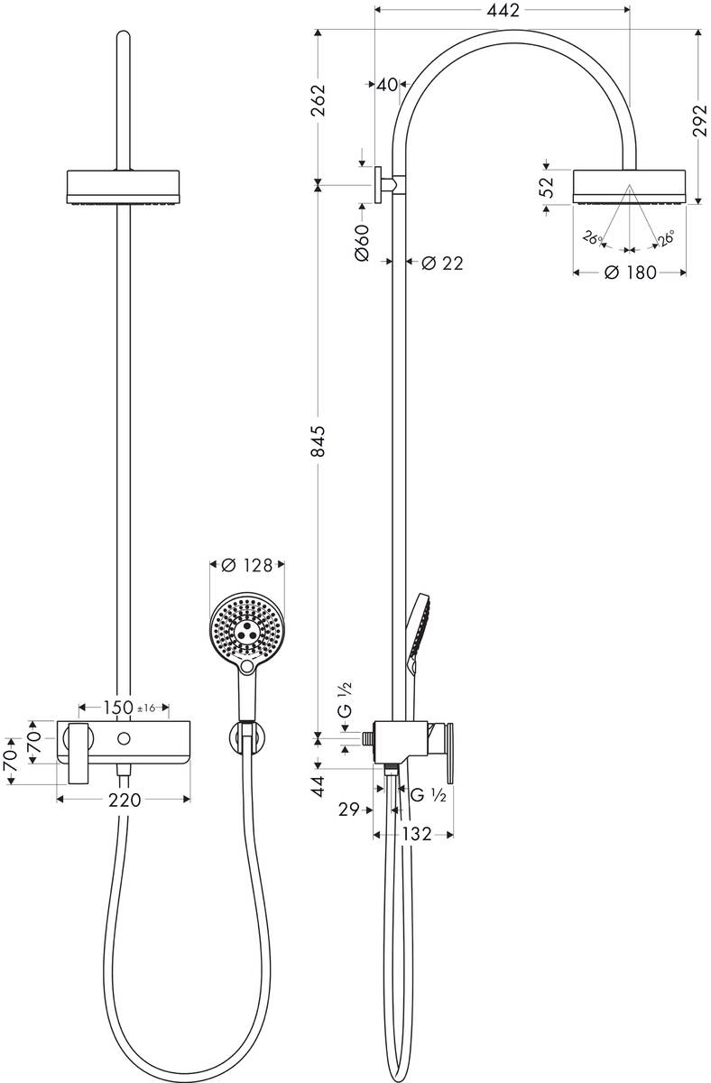 Axor Citterio Showerpipe 180 39620000 Габаритні розміри