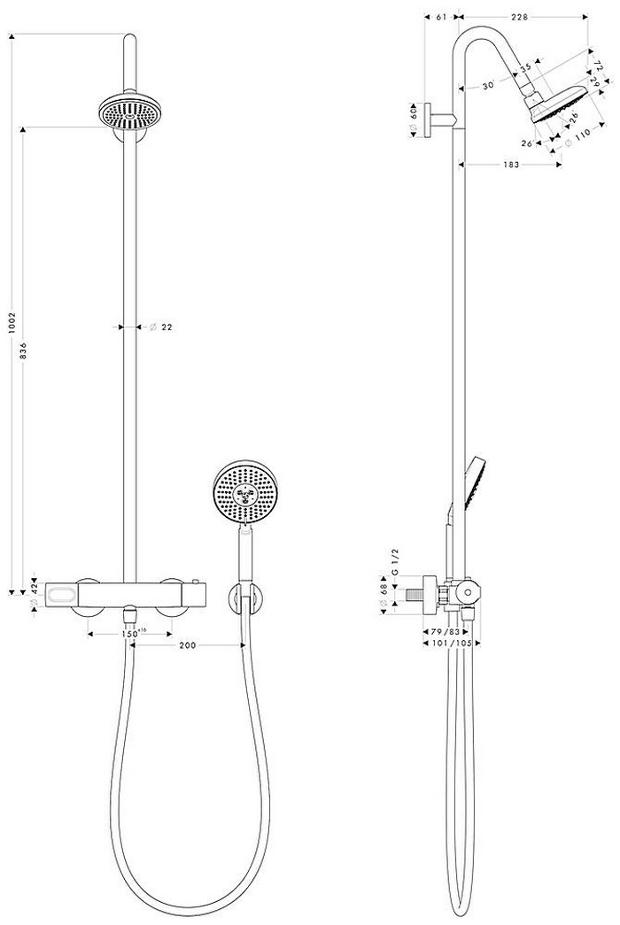 Axor Citterio M Showerpipe 34630000 Габаритні розміри