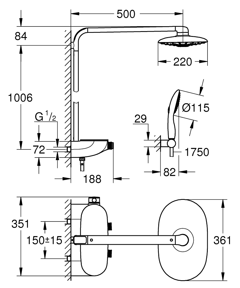 Grohe Rainshower System SmartControl 360 26250000 Габаритные размеры