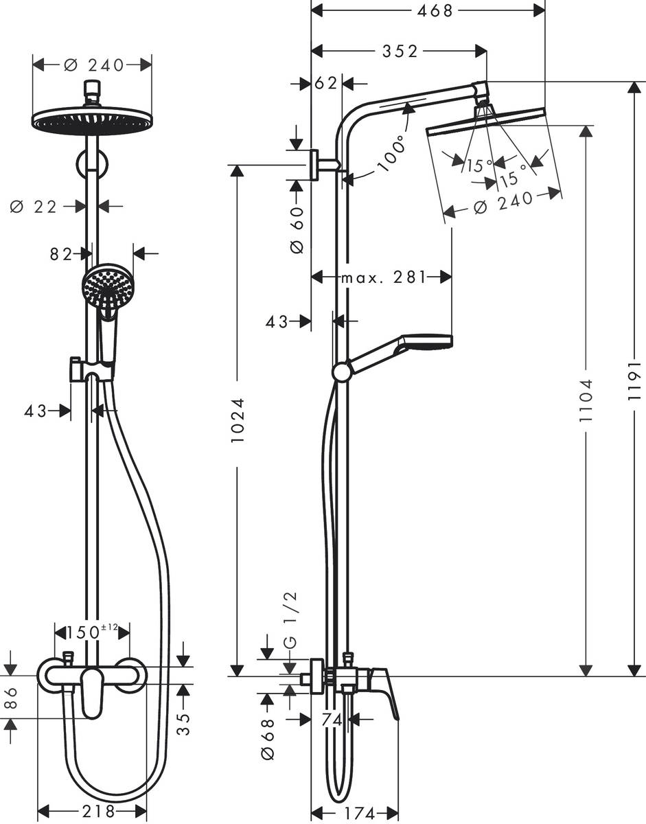 Hansgrohe Crometta S 240 1jet Showerpipe 27269000 Габаритні розміри