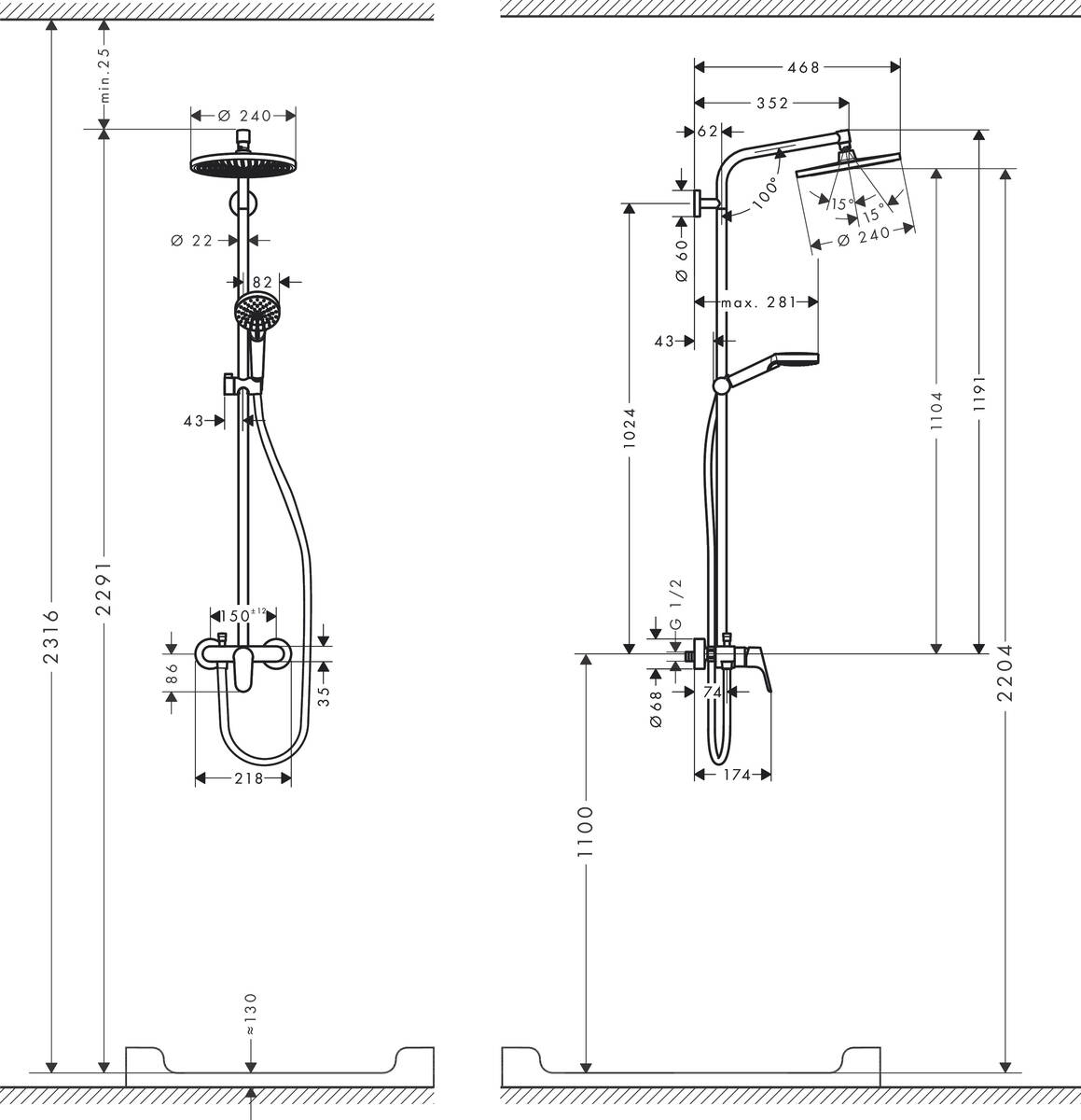 Hansgrohe Crometta S 240 1jet Showerpipe 27269000 Габаритні розміри