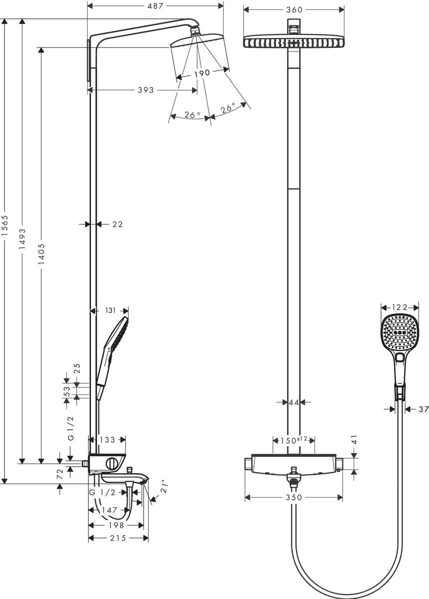 Hansgrohe Raindance Select Showerpipe 360 27113400 Габаритные размеры