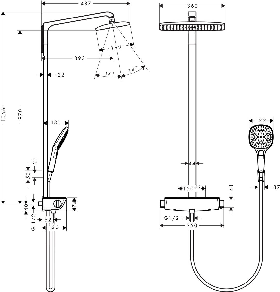 Hansgrohe Raindance Select Showerpipe 360 27112400 Габаритні розміри