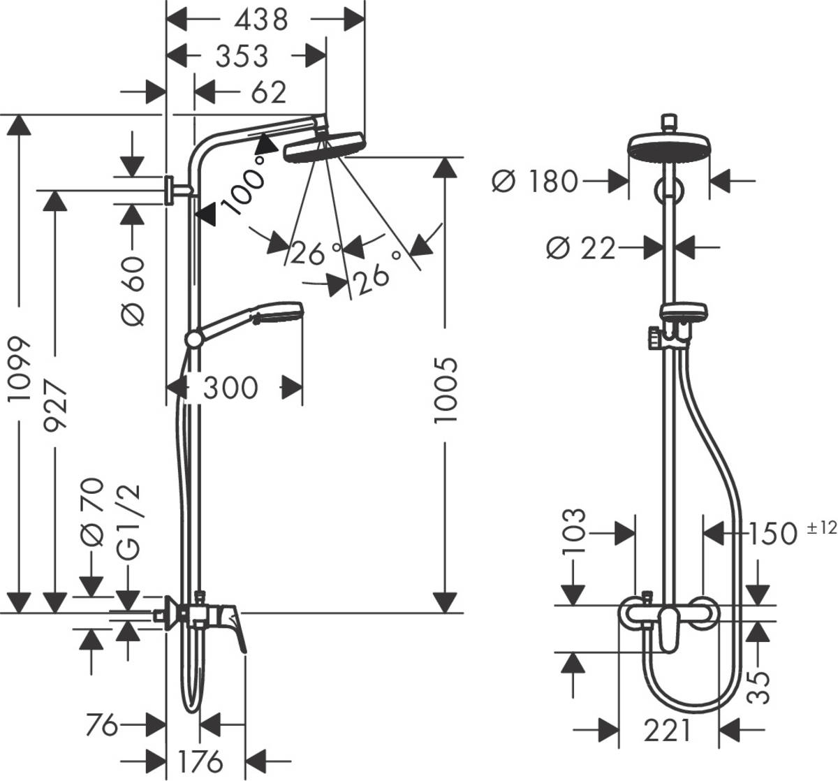 Hansgrohe Crometta 160 1jet Showerpipe 27266400 Габаритные размеры