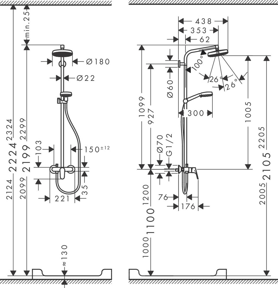 Hansgrohe Crometta 160 1jet Showerpipe 27266400 Габаритные размеры