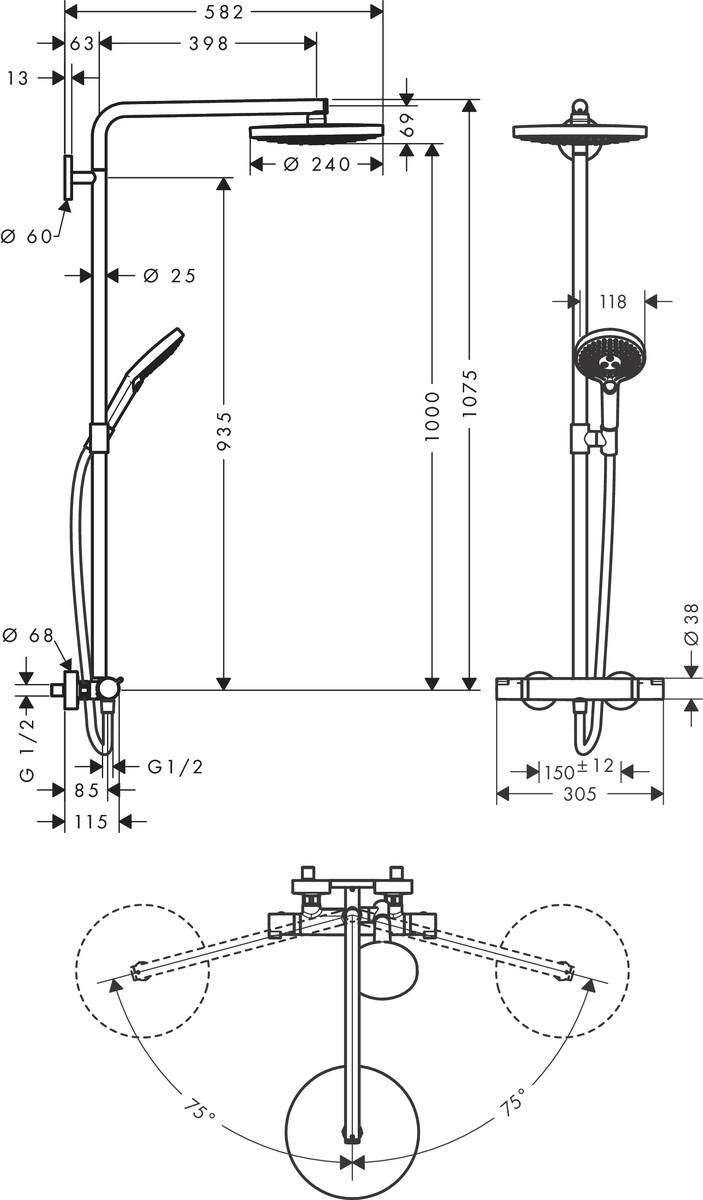 Hansgrohe Raindance Select S 240 2jet Showerpipe 27129400 Габаритные размеры