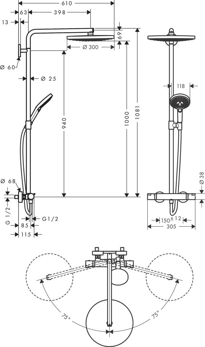 Hansgrohe Raindance Select S 300 2jet 27133400 Габаритные размеры