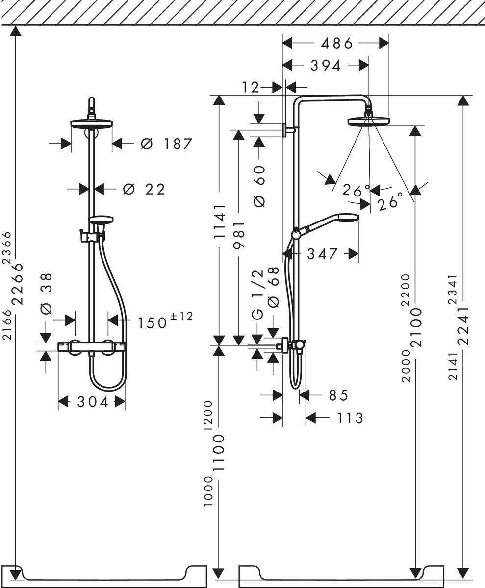 Hansgrohe Croma Select S 180 2jet Showerpipe 27253400 Габаритные размеры