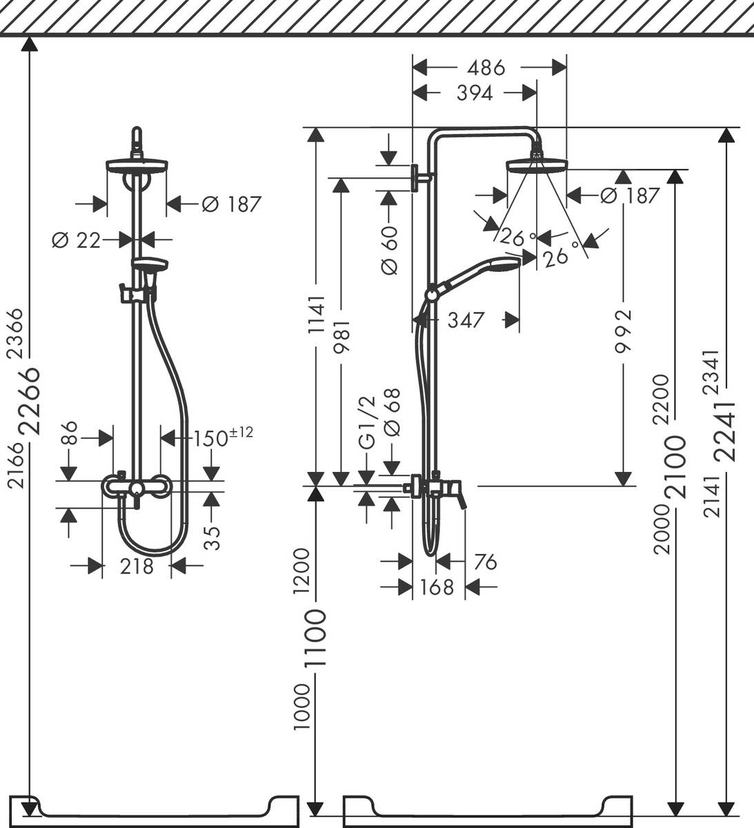 Hansgrohe Croma Select S 180 2jet Showerpipe 27255400 Габаритні розміри