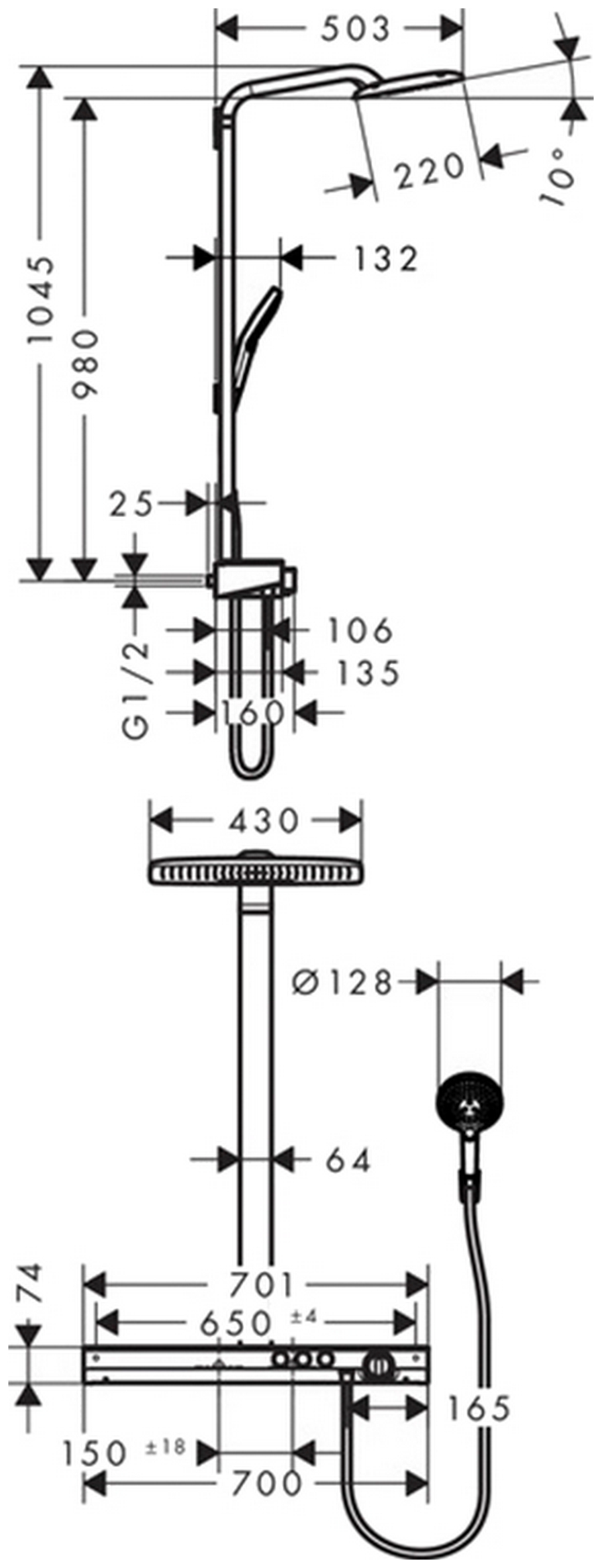 Hansgrohe Rainmaker Select 420 2jet Showerpipe 27168400 Габаритні розміри