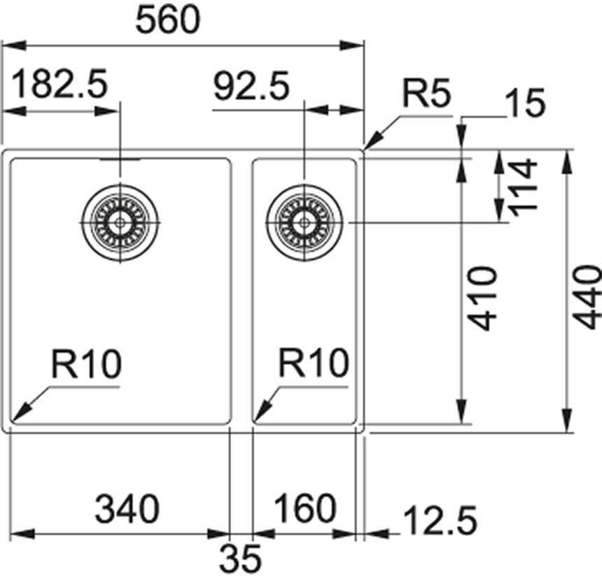 Franke Sirius SID 160 125.0395.609 (тектонайт) Габаритні розміри