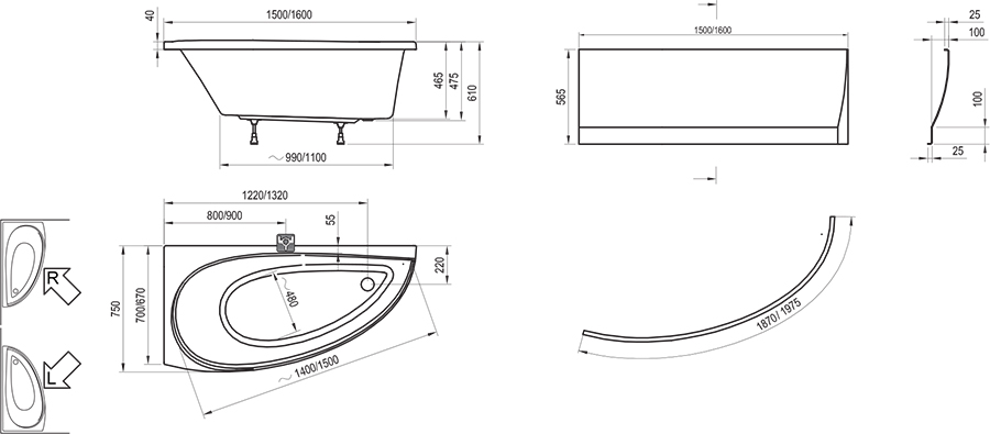 Ravak AVOCADO 160 R (CH01000000) Габаритные размеры