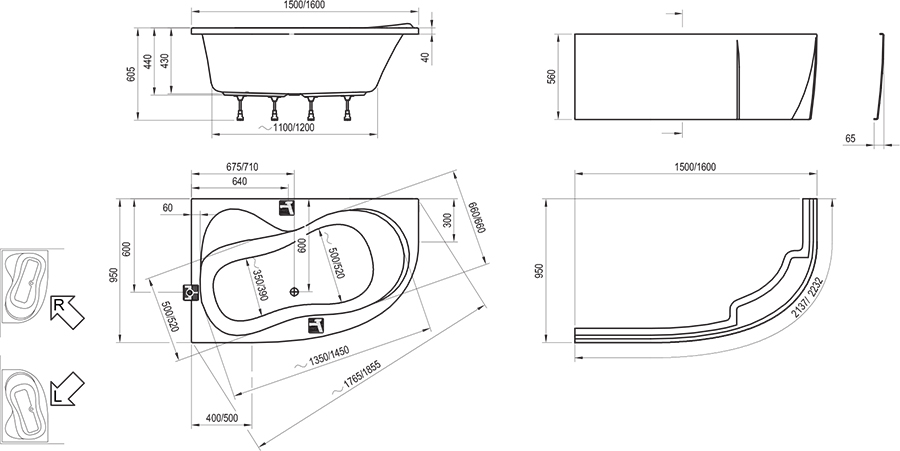 Ravak ROSA 95 R 160x95 (C581000000) Габаритні розміри