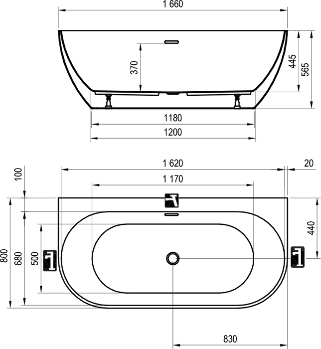 Ravak FREEDOM W 1660x800 (XC00100027) Габаритні розміри