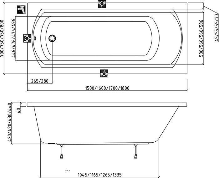 Ravak Domino II 150х70 (XAU0000036) Габаритні розміри