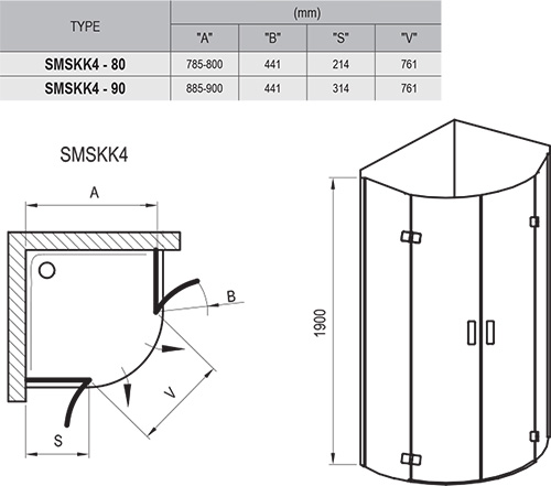 Ravak SMSKK4-90 Хром Transparent (3S277A00Y1) Габаритные размеры