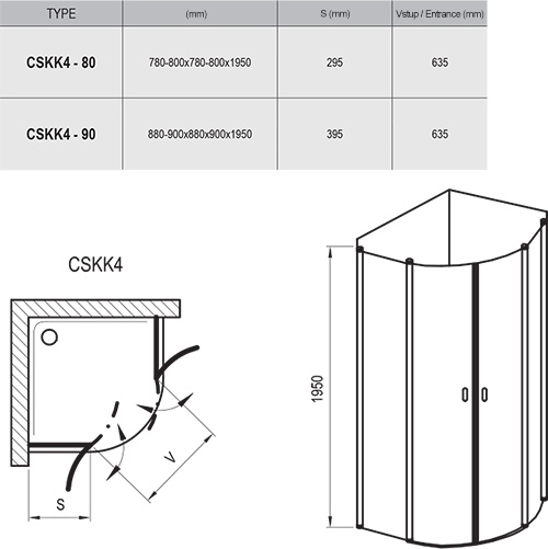 Ravak CSKK4-80 Полір. алюм. Transparent (3Q140C00Z1) Габаритні розміри