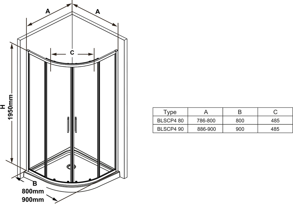 Ravak BLSCP4-80 Полир. алюм. Transparent (X3BM40C00Z1) Габаритные размеры