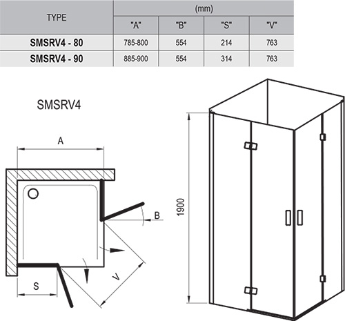Ravak SMSRV4-90 Хром Transparent (1SV77A00Z1) Габаритные размеры