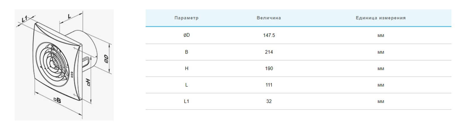 Вентс 150 Квайт алюміній лакований Габаритні розміри