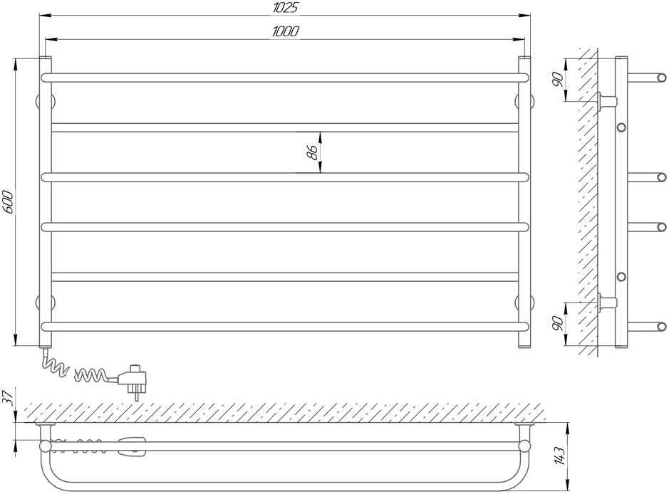 Laris Зебра Практик ЧК6 1000x600 Э (подкл. слева) Габаритные размеры