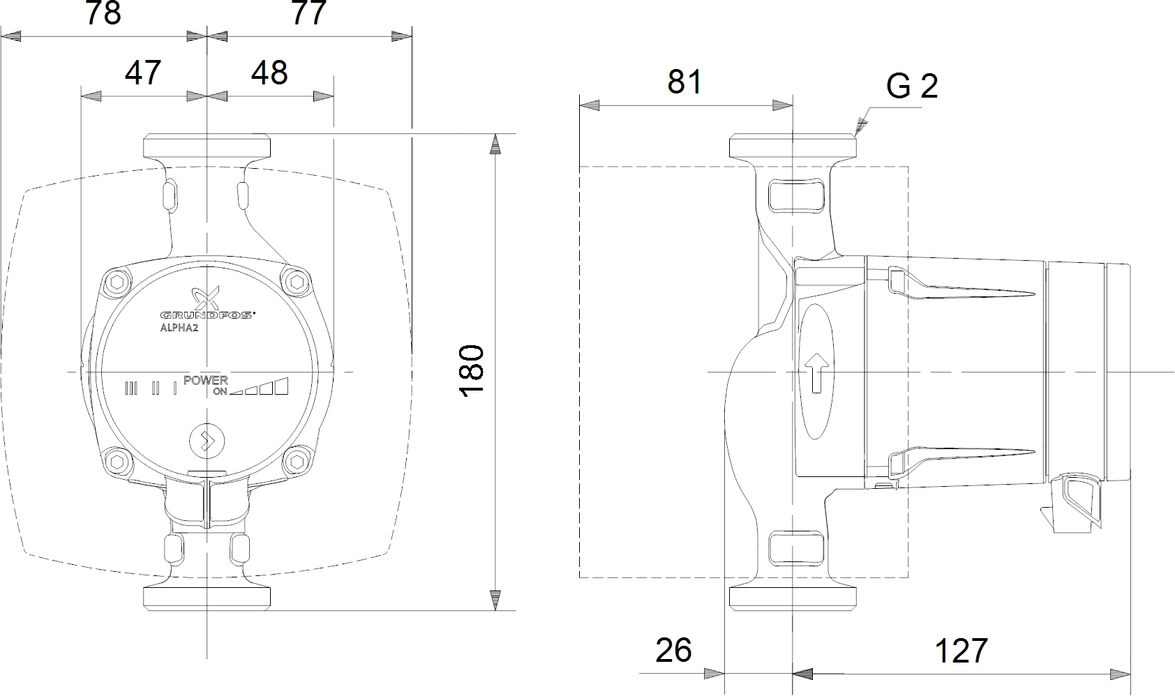 Grundfos Alpha2 L 32-60 (95047566) Габаритні розміри