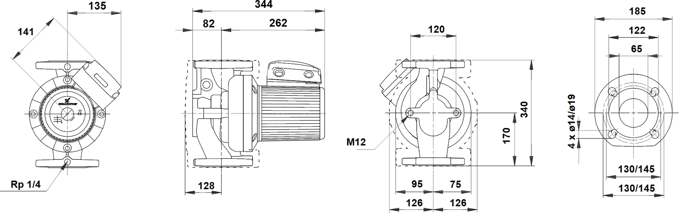 Grundfos UPS 65-60/2 F1 (96402258) Габаритные размеры