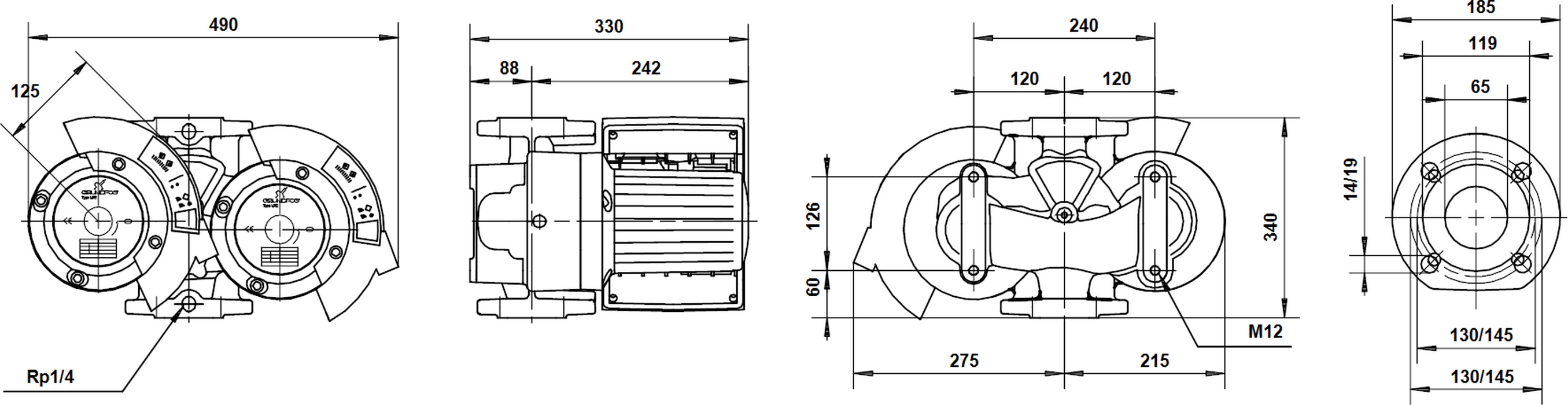 Grundfos Magna D 65-120 F (96504875) Габаритные размеры