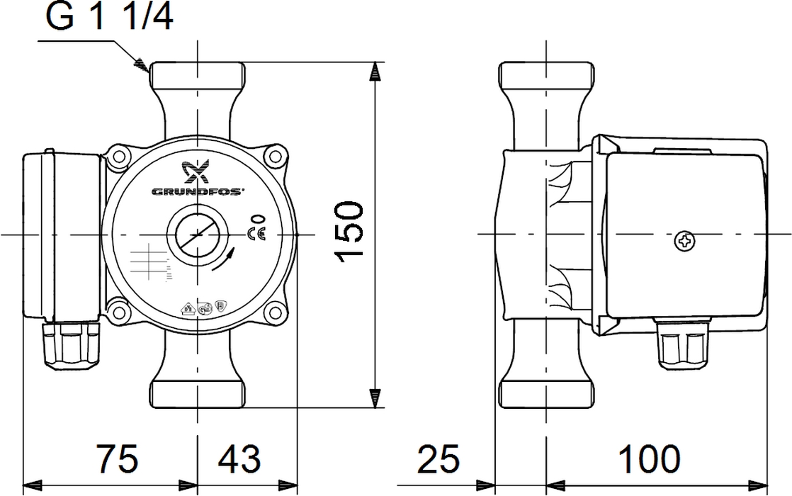 Grundfos UP 20-07 N 150 (59640506) Габаритные размеры