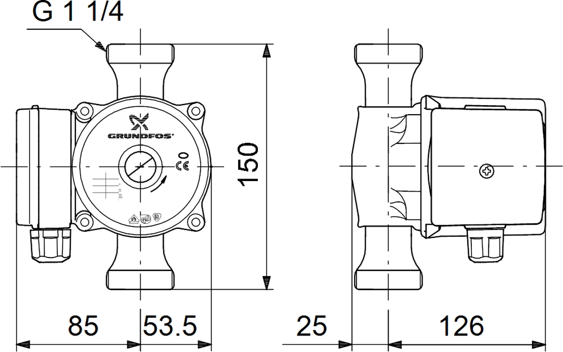 Grundfos UP 20-45 N 150 (95906472) Габаритні розміри