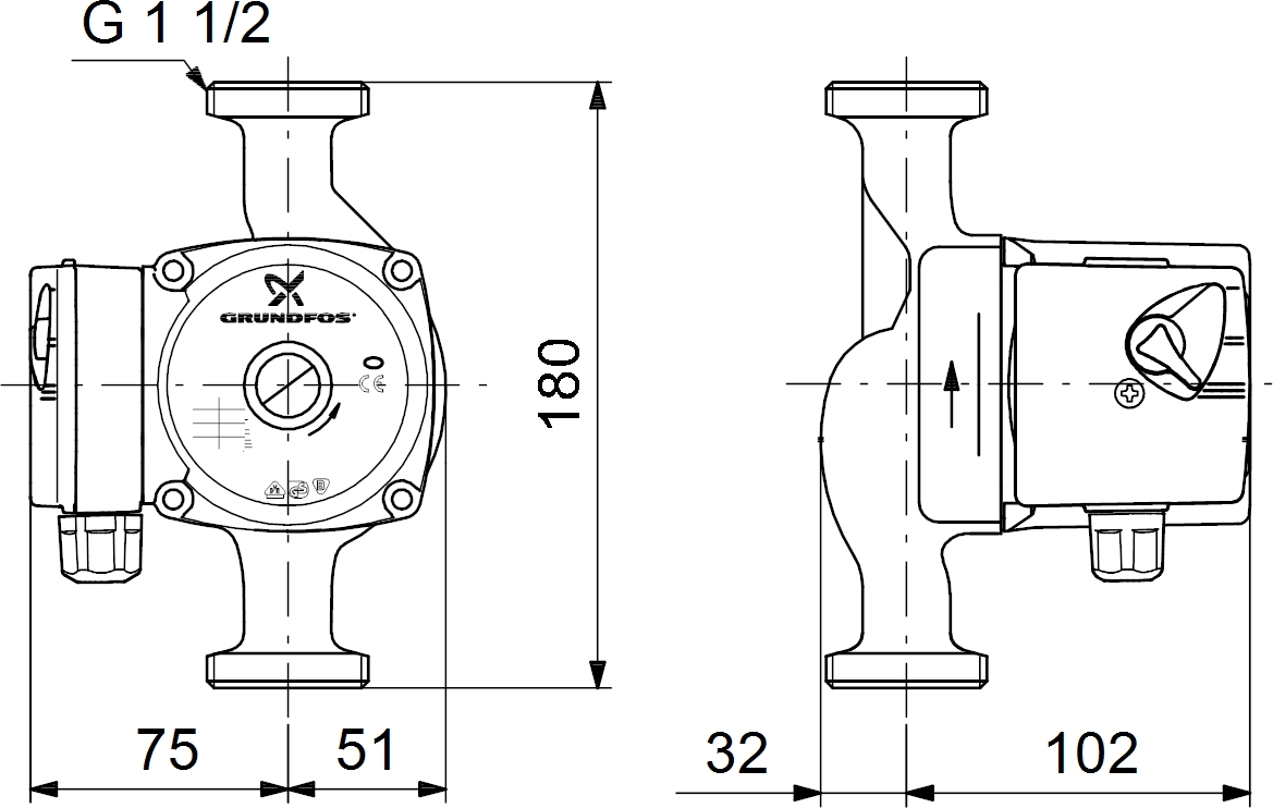 Grundfos UPS 25-60 N 180 (96913085) Габаритні розміри