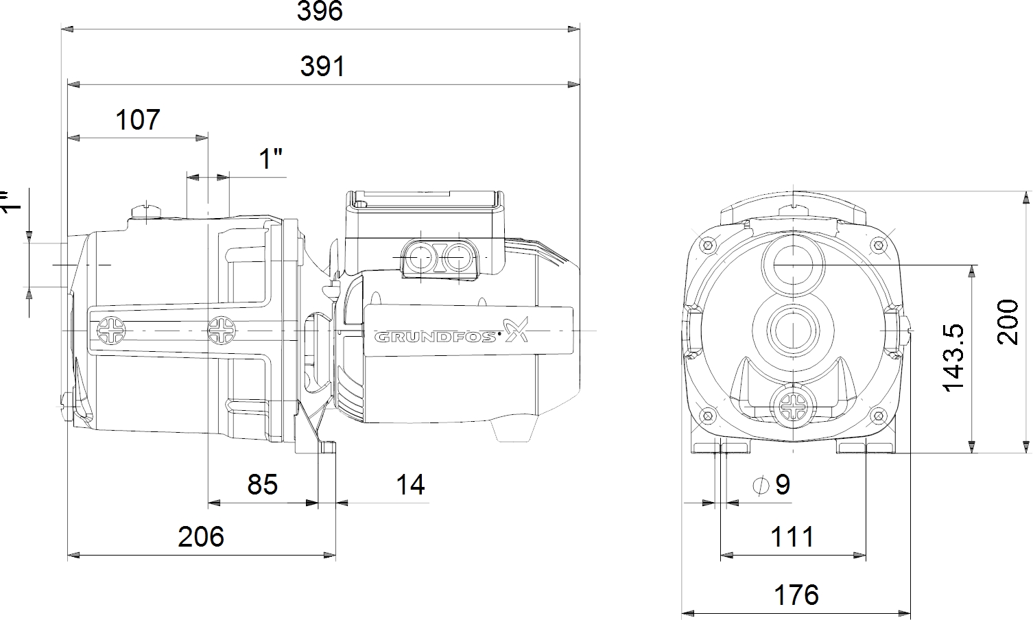 Grundfos JPA 4-47 (98946091) Габаритные размеры