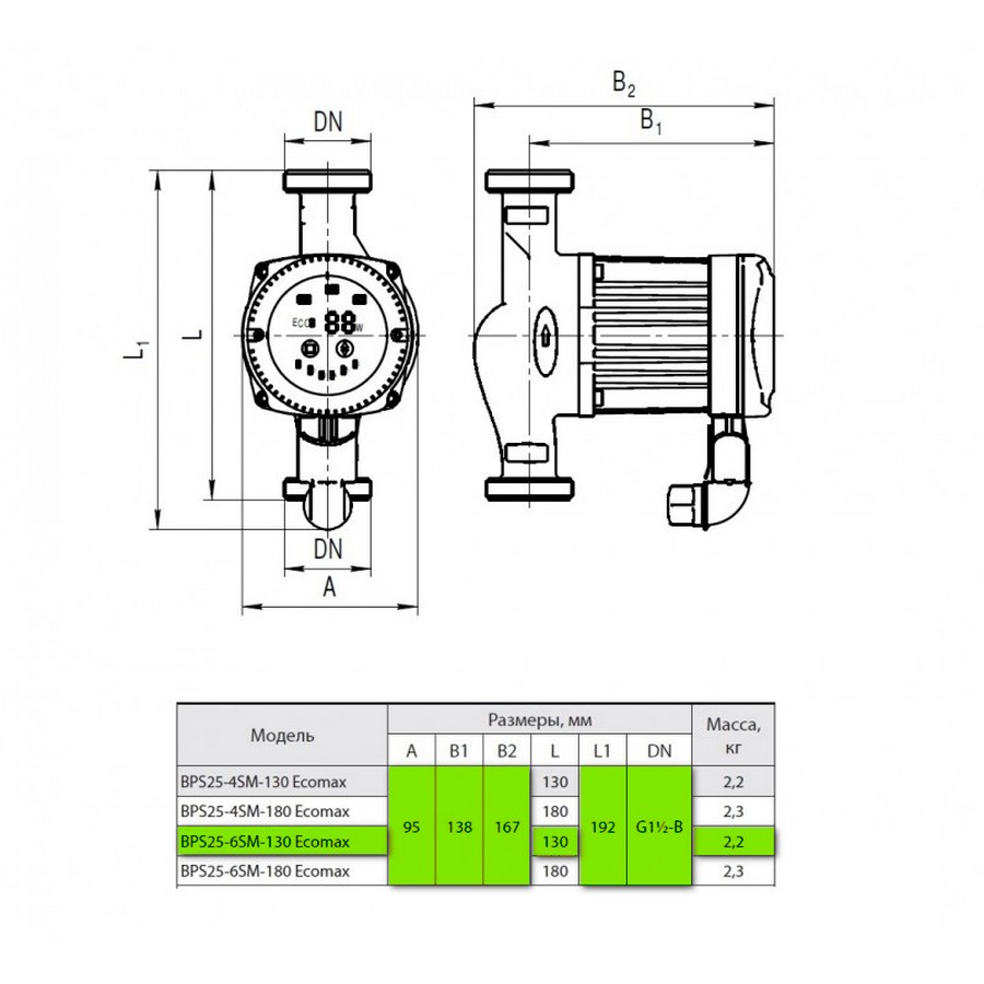 Насосы+Оборудование BPS 25-6SM-130 Ecomax Габаритные размеры