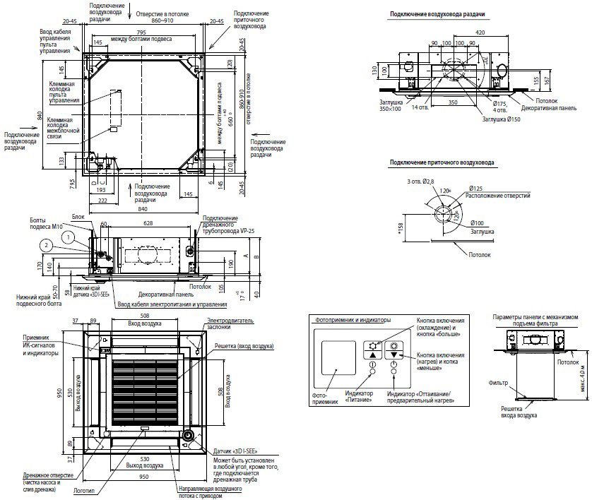 Mitsubishi Electric PLA-M140EA/PUHZ-P140YKA Габаритные размеры