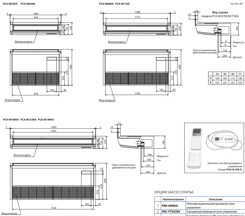 Mitsubishi Electric PCA-M35KA/SUZ-KA35VA Габаритні розміри