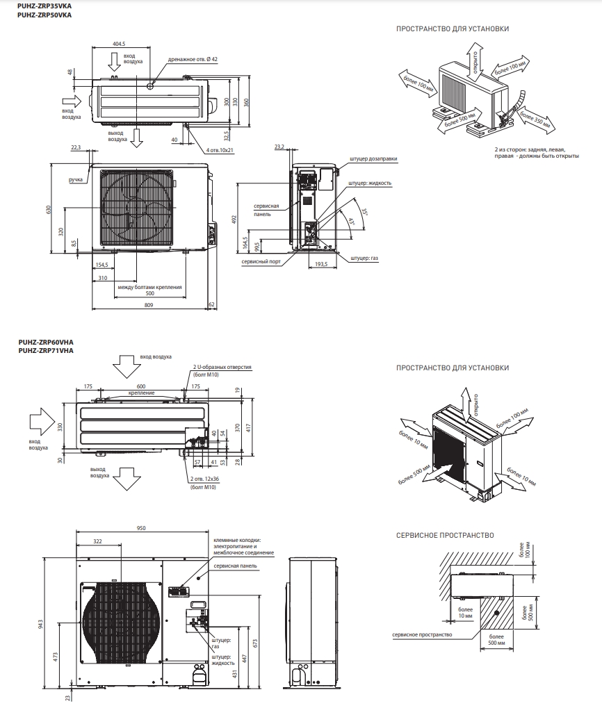 Mitsubishi Electric PCA-M35KA/SUZ-KA35VA Габаритные размеры