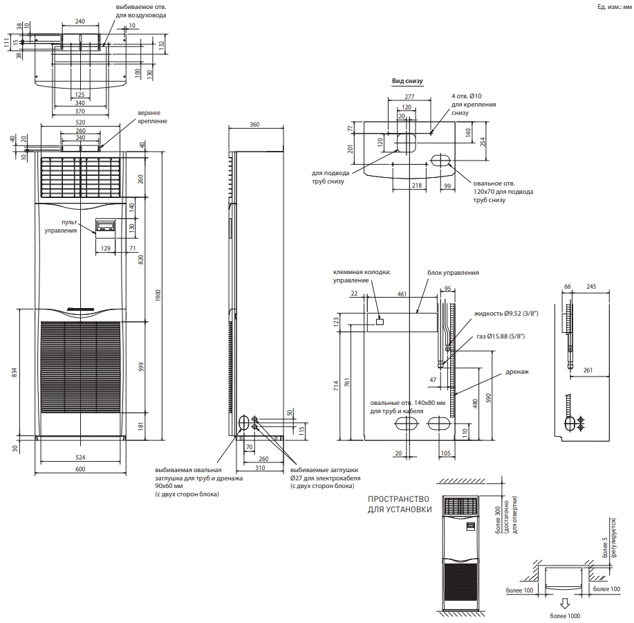 Mitsubishi Electric PSA-RP100KA/PUHZ-P100VKA Габаритные размеры