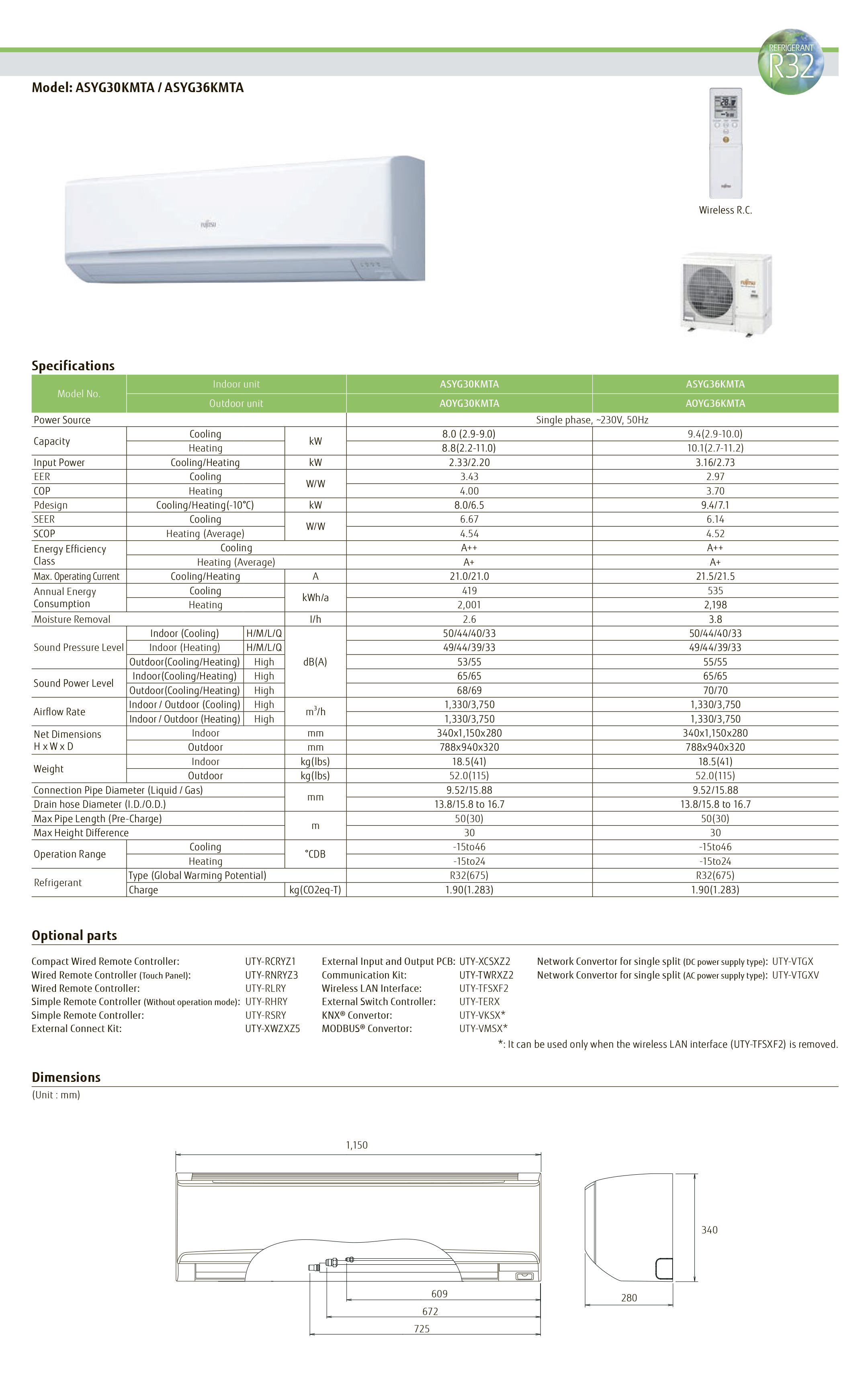 Fujitsu ASYG36KMTA/AOYG36KMTA Характеристики