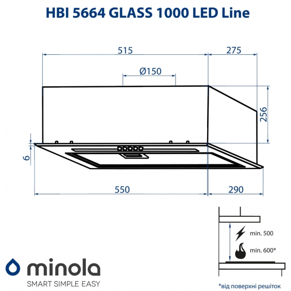 Minola HBI 5664 BL GLASS 1000 LED Line Габаритные размеры