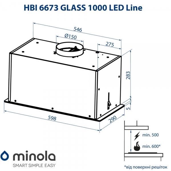 Minola HBI 6673 WH GLASS 1000 LED Line Габаритні розміри