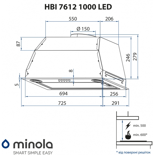 Minola HBI 7612 BL 1000 LED Габаритні розміри