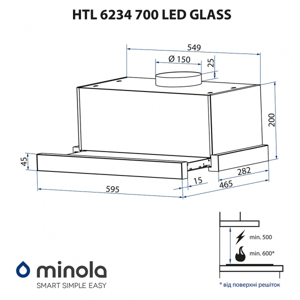 Minola HTL 6234 WH 700 LED GLASS Габаритні розміри