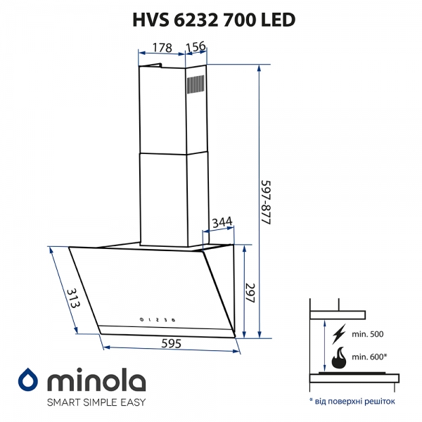 Minola HVS 6232 BL/INOX 700 LED Габаритні розміри
