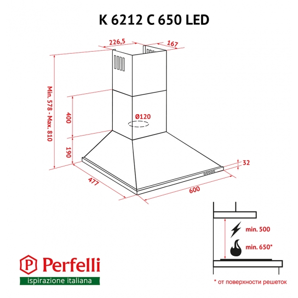 Perfelli K 6212 C INOX 650 LED Габаритні розміри