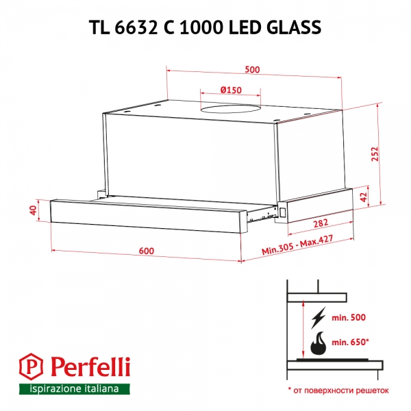 Perfelli TL 6632 C BL 1000 LED GLASS Габаритні розміри