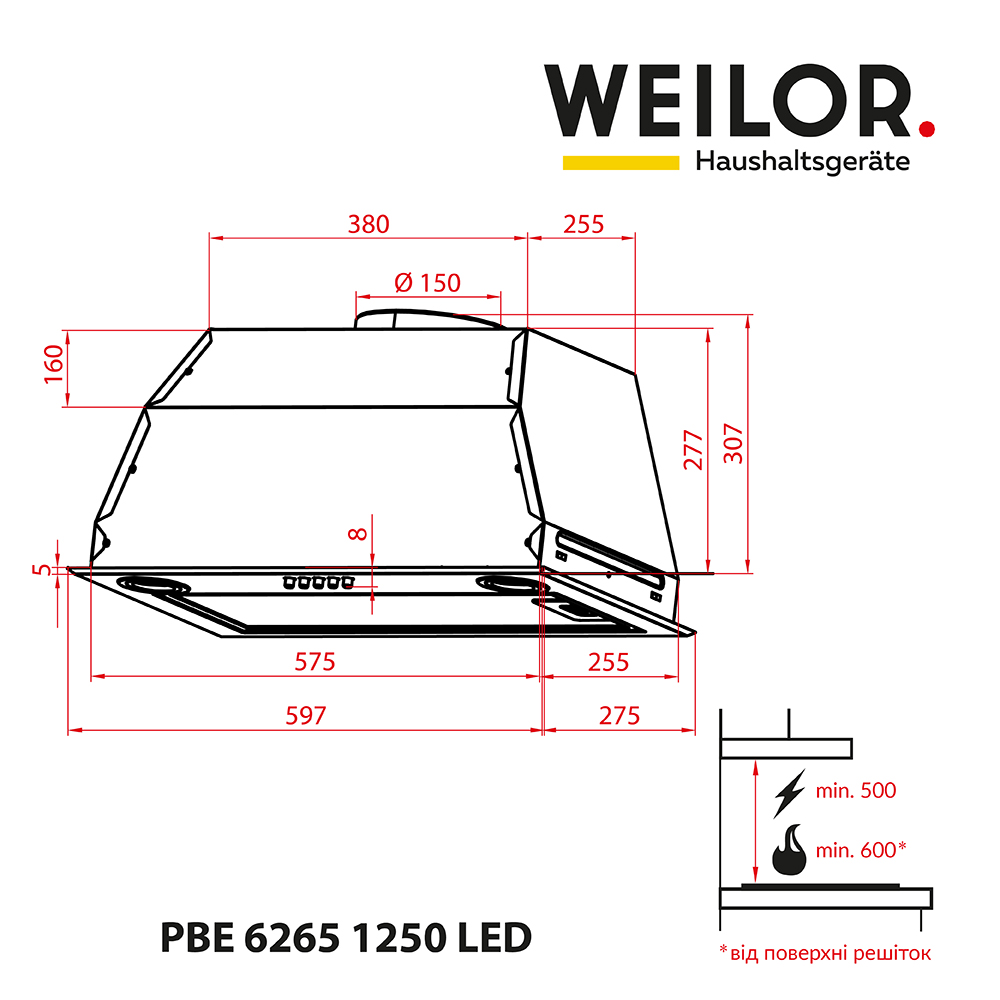 Weilor PBE 6265 SS 1250 LED Габаритные размеры