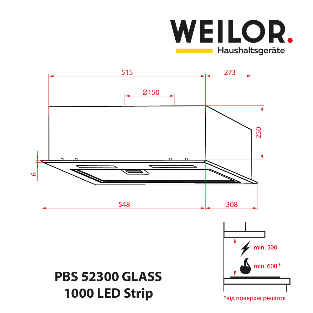 Weilor PBS 52300 GLASS BG 1000 LED Strip Габаритні розміри